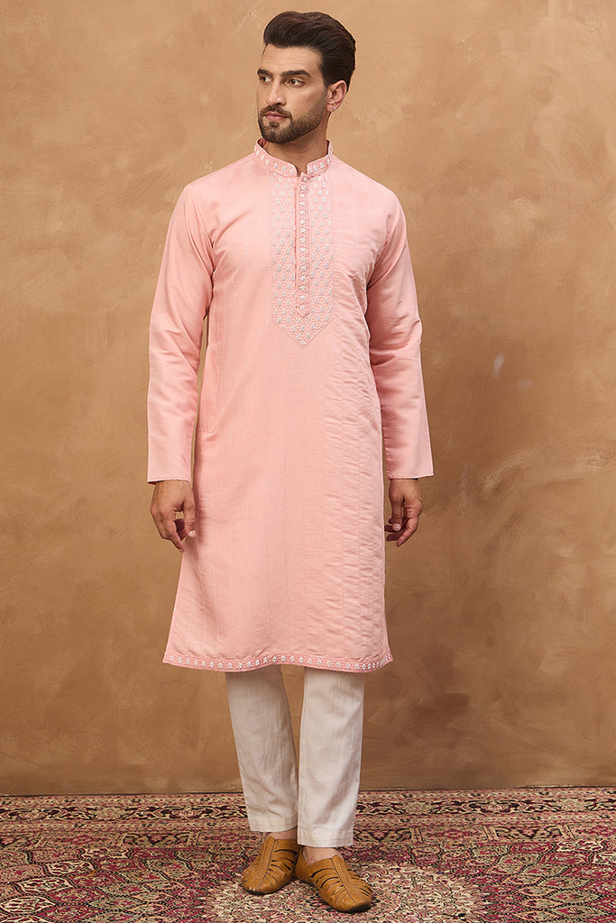 Peach Silk Blend Solid Solid Straight Kurta MKU1506