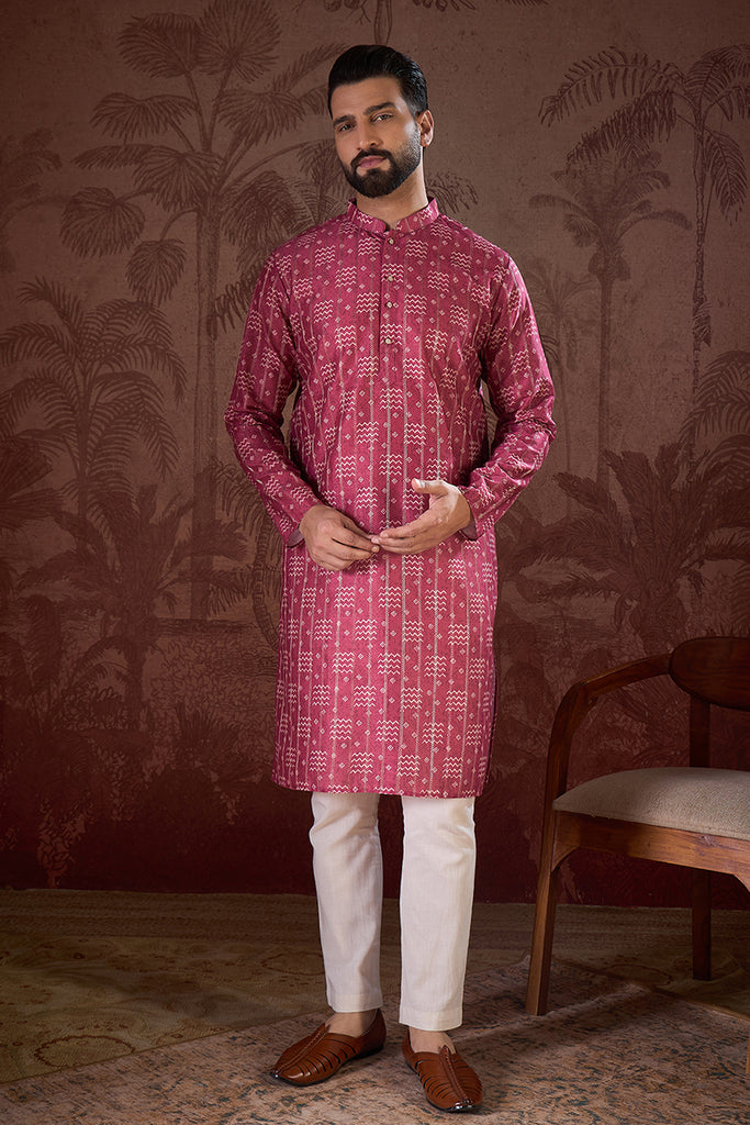Pink Silk Blend Ethnic Motifs Printed Straight Kurta With Trouser MKSET1929