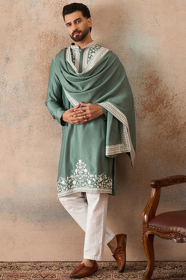 Green Silk Blend Solid Embroidered Kurta With Dupatta MKUD1040