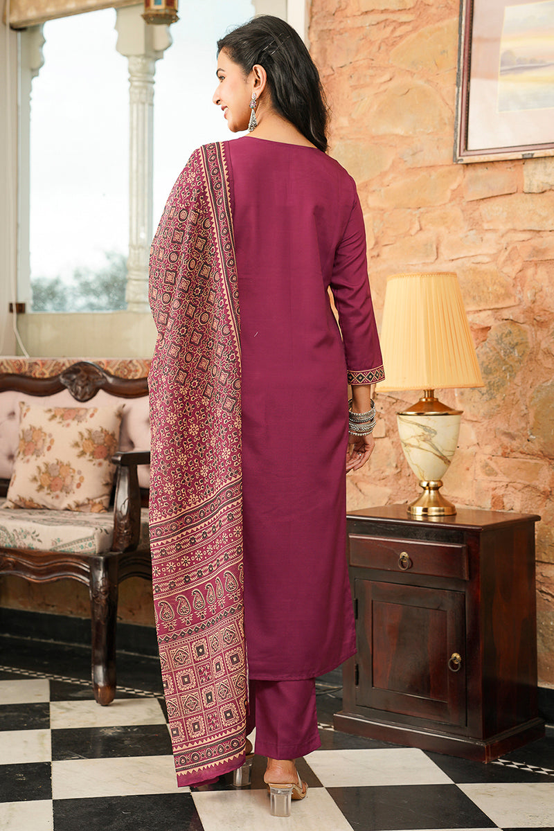Purple Cotton Blend Ajrakh Printed Straight Kurta Trousers With Dupatta PKSKD3064