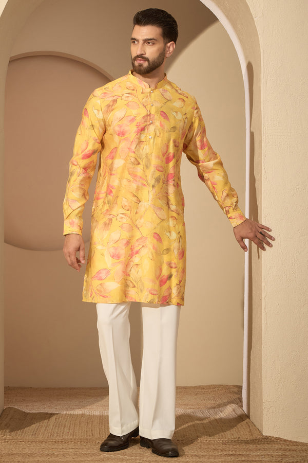 Yellow Silk Blend Floral Printed Mandarin Collar Kurta MKU2699