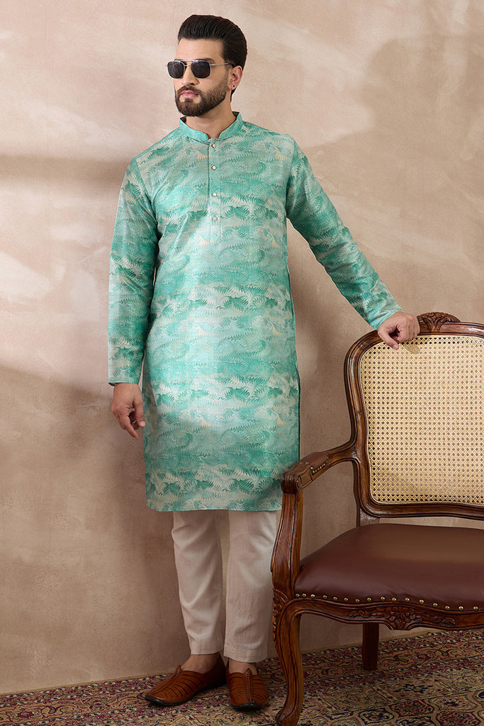 Green Silk Blend Printed Mandarin Collar Straight Kurta MKU2022