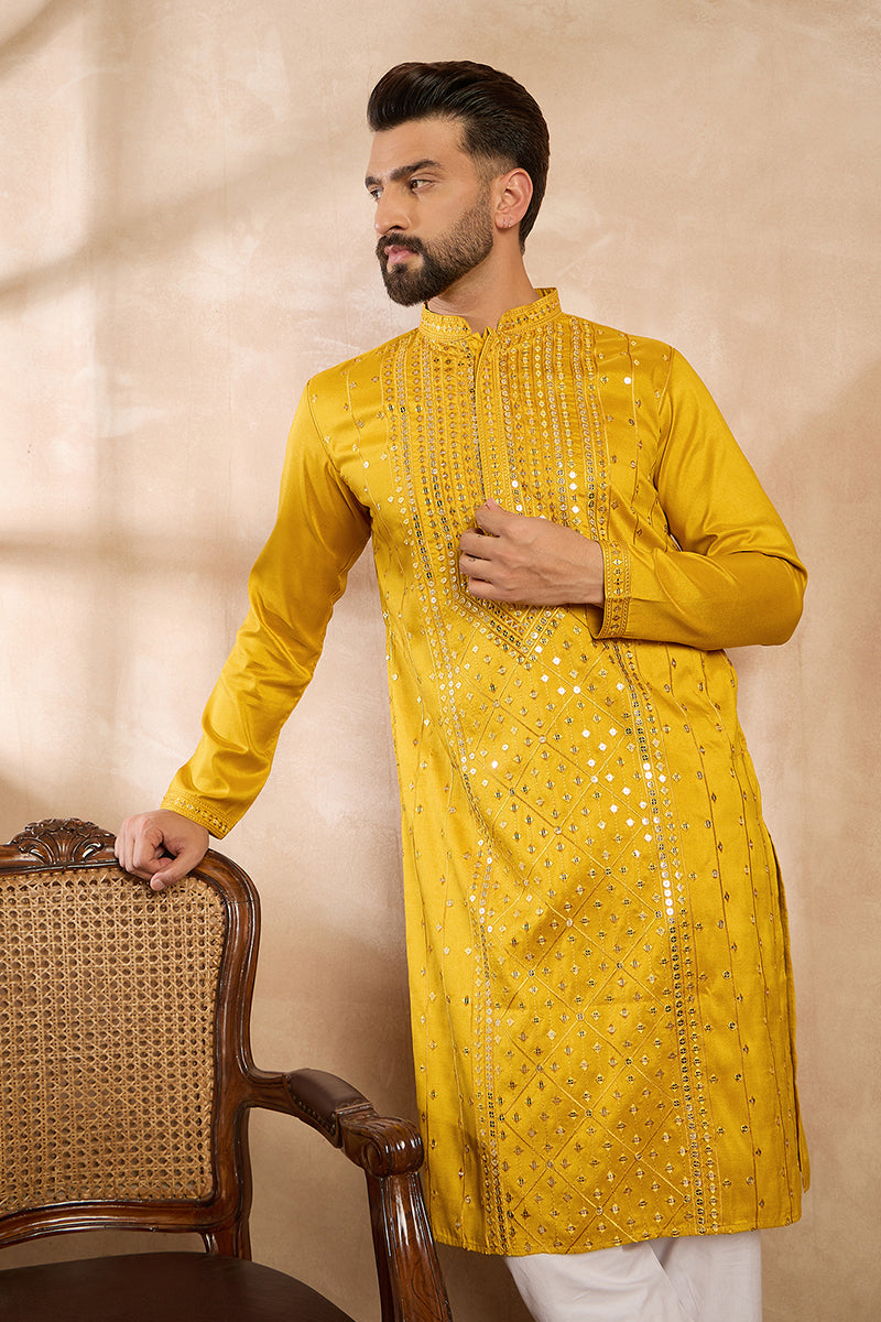 Yellow Silk Blend Geometric Embroidered Straight Kurta With Trouser MKSET1688