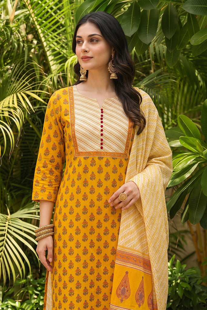 Yellow Rayon Blend Straight Suit Set VKSKD1042