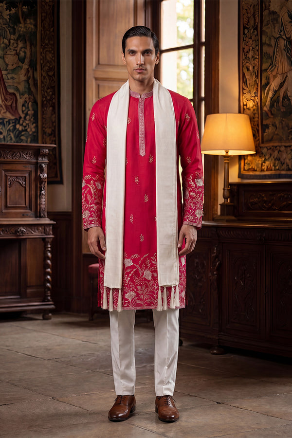 Pink Silk Blend Solid Embroidered Straight Kurta with Dupatta MKUD1943