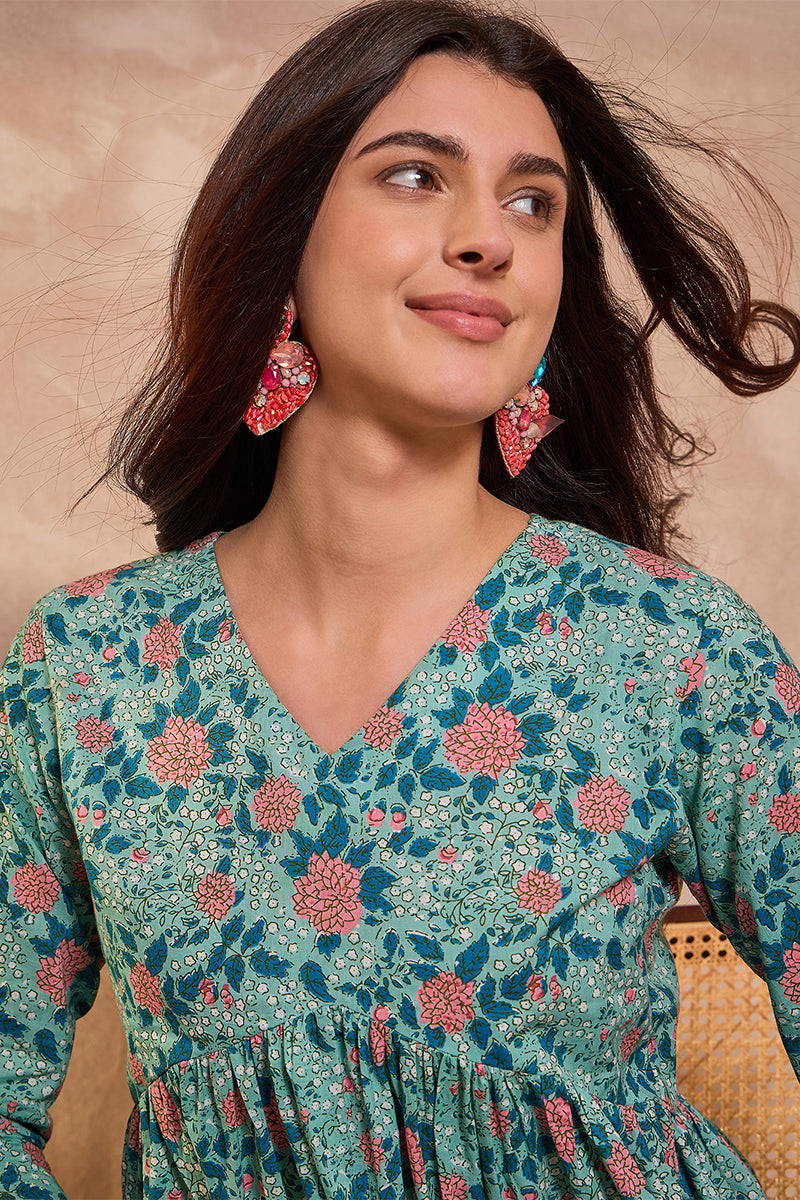 Cotton Blend Blue Floral Regular Tops VT1332