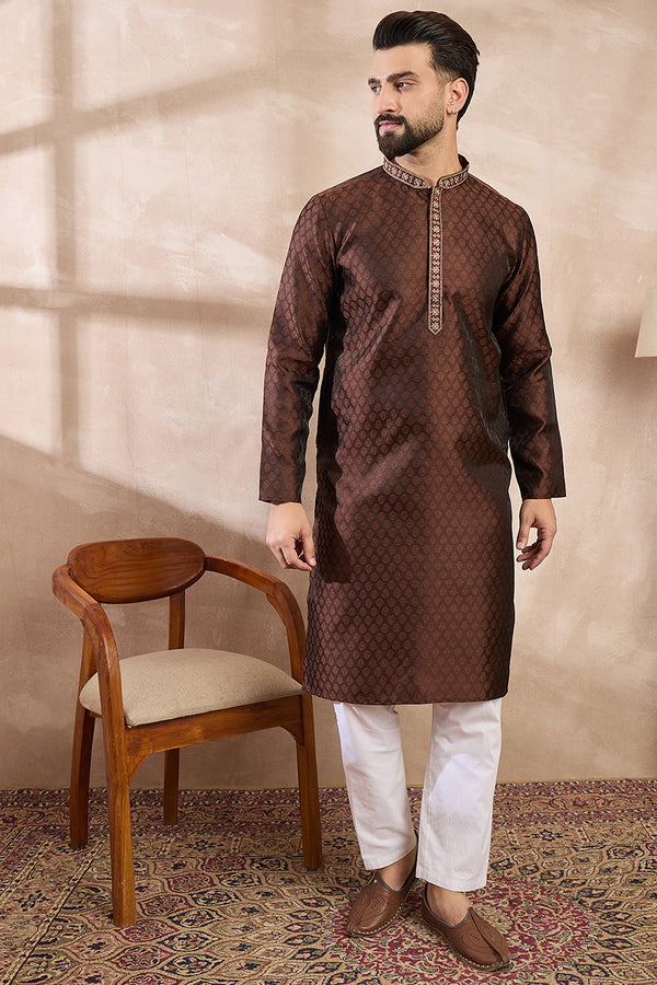 Brown Silk Blend Solid Woven Design Straight Kurta With Trouser MKSET1855