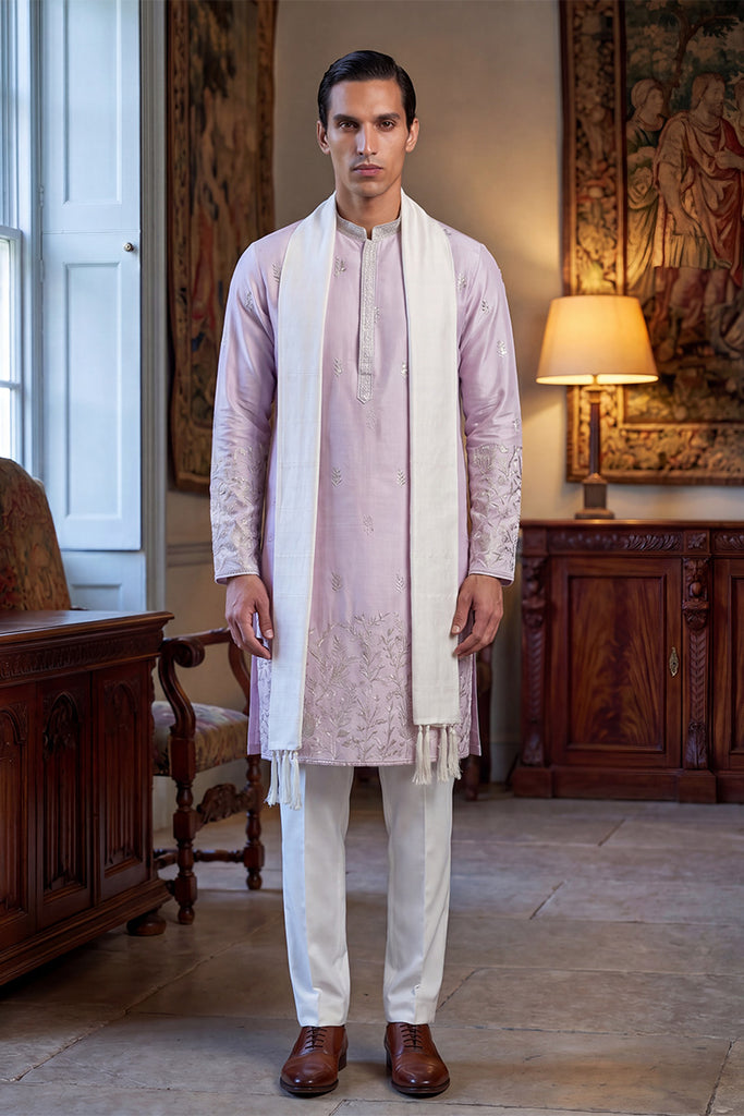 Lavender Silk Blend Floral Embroidered Straight Kurta Sets MKUD1781