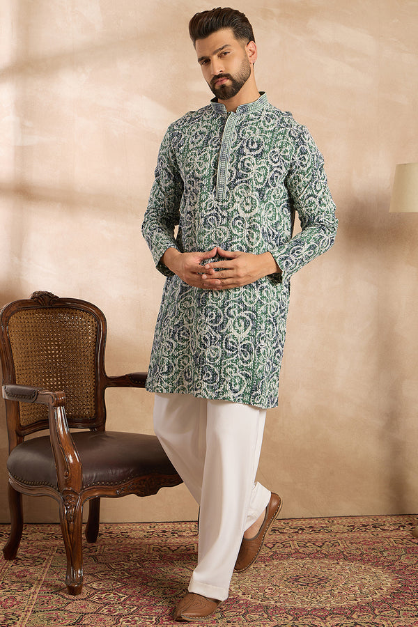 Green Viscose Rayon Batik Embroidered Straight Kurta With Trouser MKSET1718
