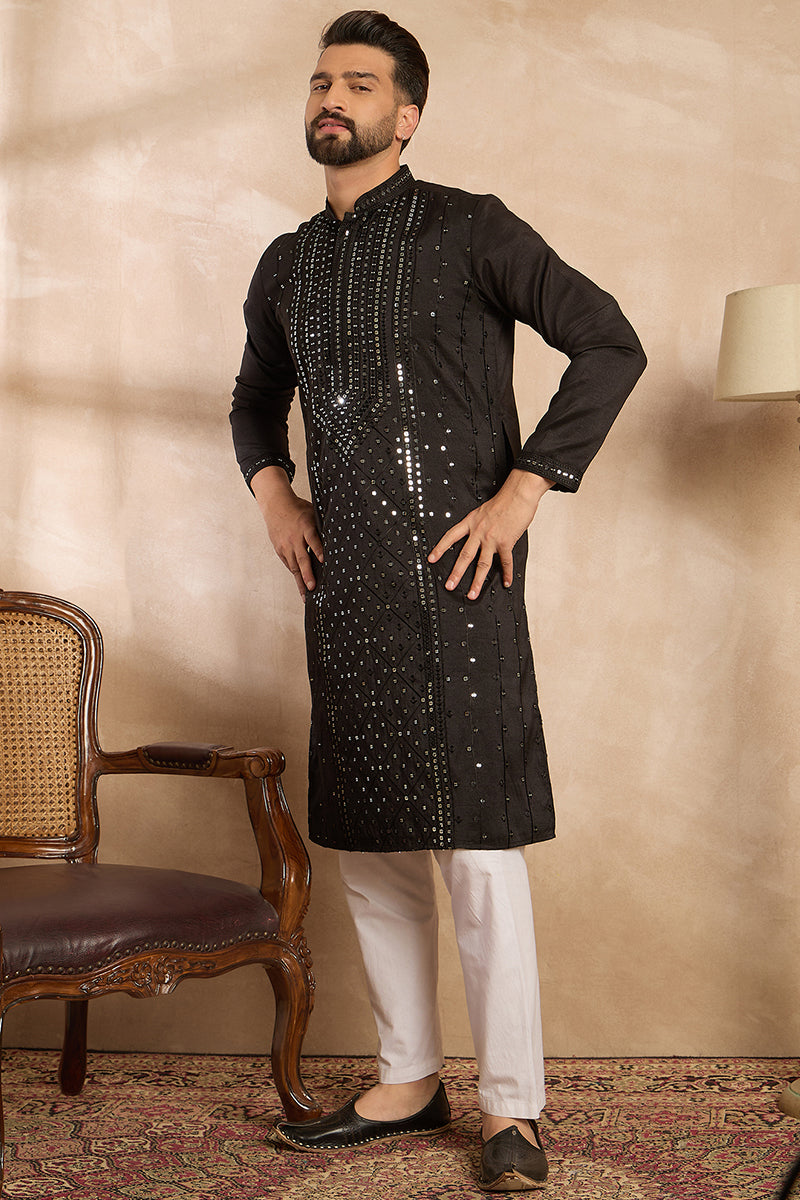 Black Silk Blend Geometric Embroidered Straight Kurta MKU1689