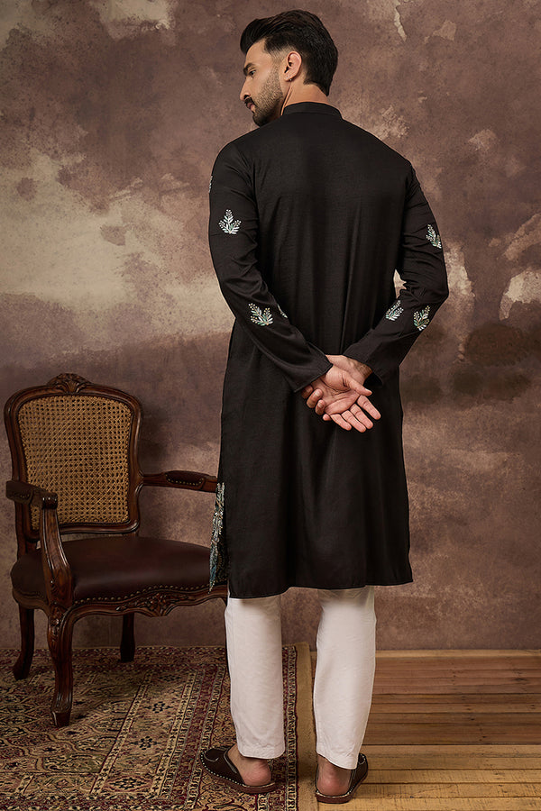 Black Silk Blend Solid Embroidered Straight Kurta with Trouser MKSET1348