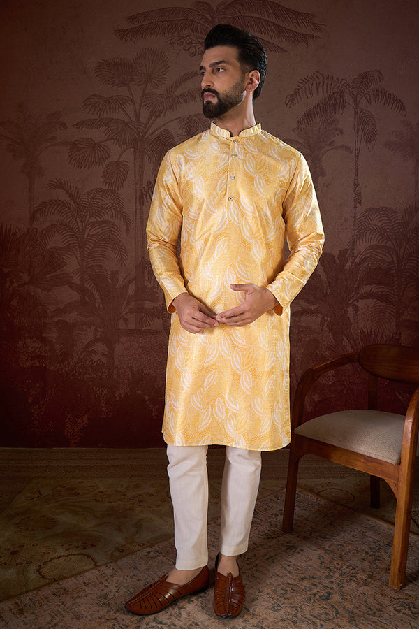 Yellow Silk Blend Floral Printed Straight Kurta With Trouser MKSET1937