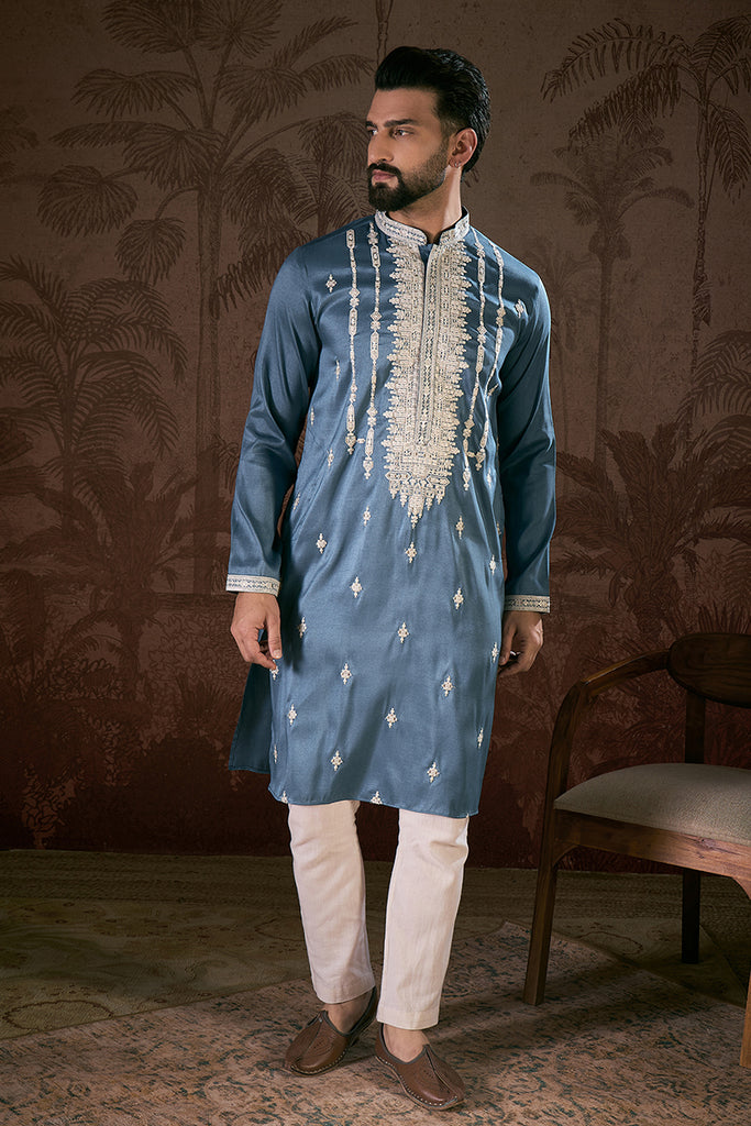 Blue Silk Blend Solid Embroidered Straight Kurta MKU1881