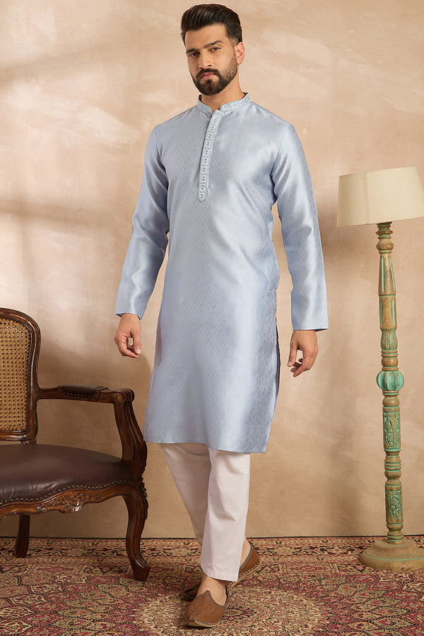 Blue Polyester Solid Embroidered Straight Kurta With Trouser MKSET1841