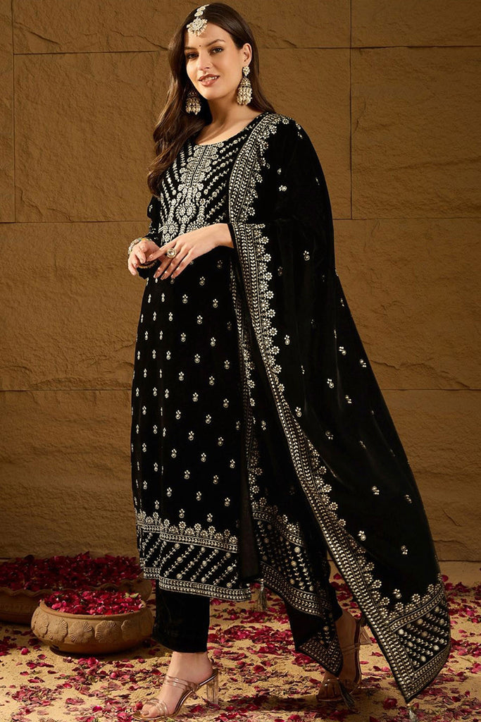 Black Velvet Ethnic Motifs Printed Straight Trousers Suit Set PKSKD2922
