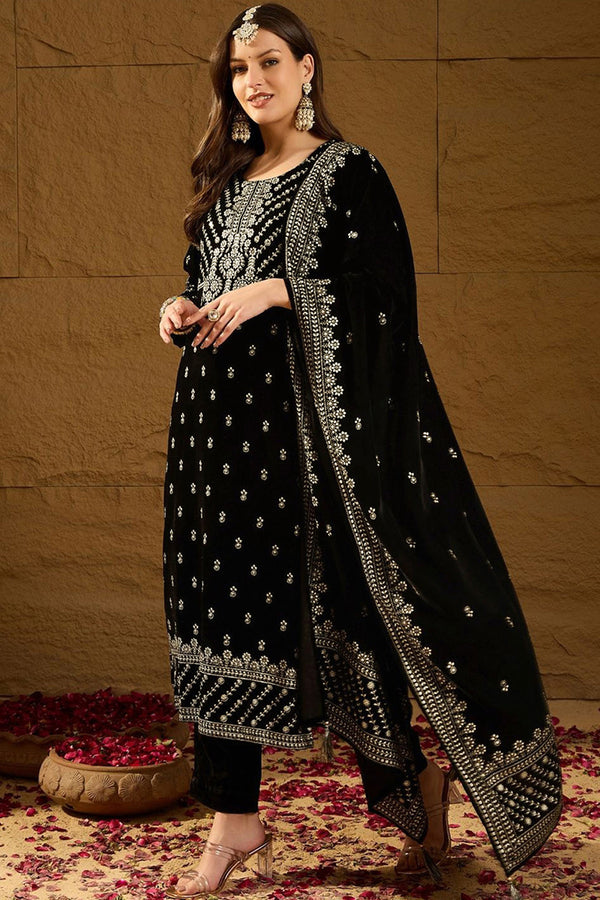 Black Velvet Ethnic Motifs Printed Straight Trousers Suit Set PKSKD2922