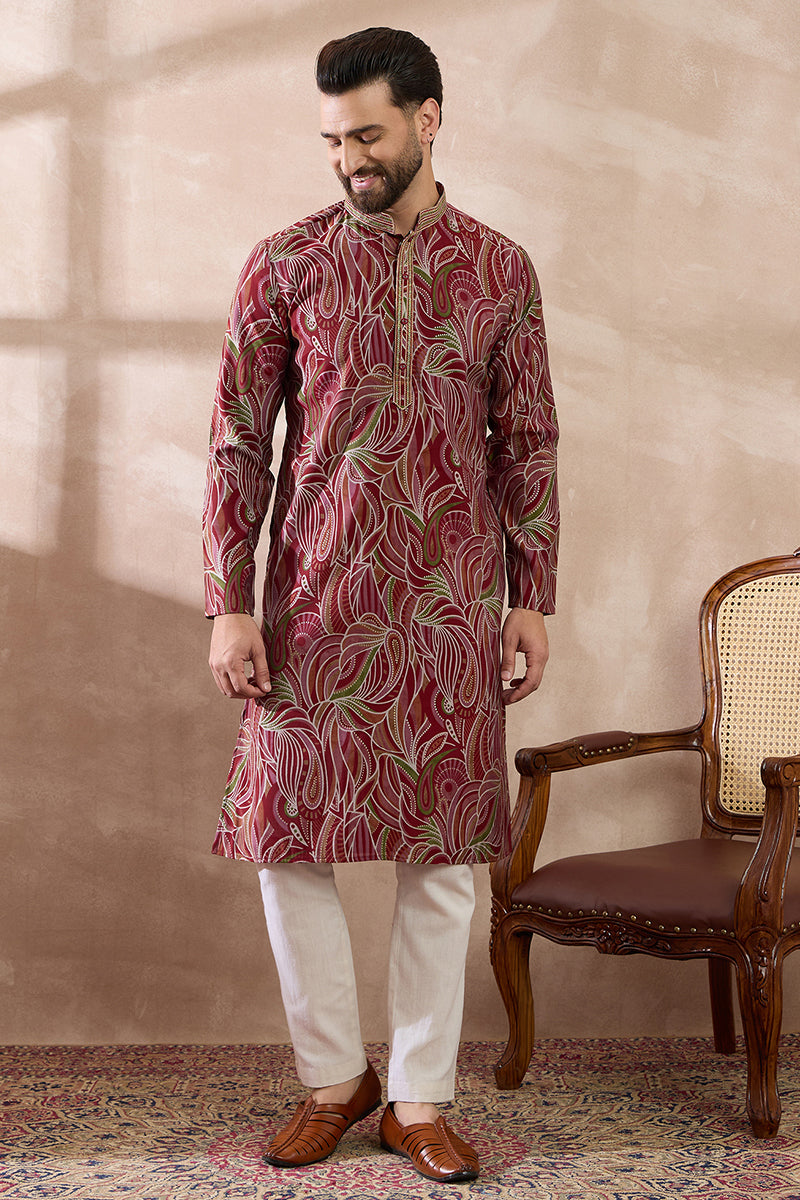 Red Silk Blend Printed Mandarin Collar Straight Kurta With Trouser MKSET1959