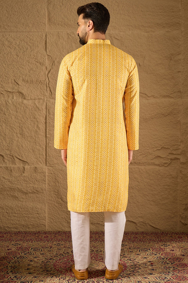 Yellow Silk Blend Geometric Embroidered Straight Kurta with Trouser MKSET1313