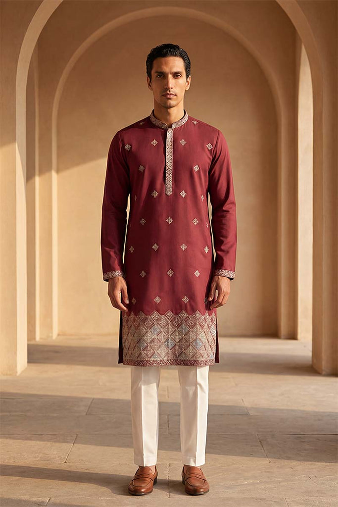 Silk Blend Maroon Solid Embroidered Calf Length Straight Kurta With Trousers MKSET2100