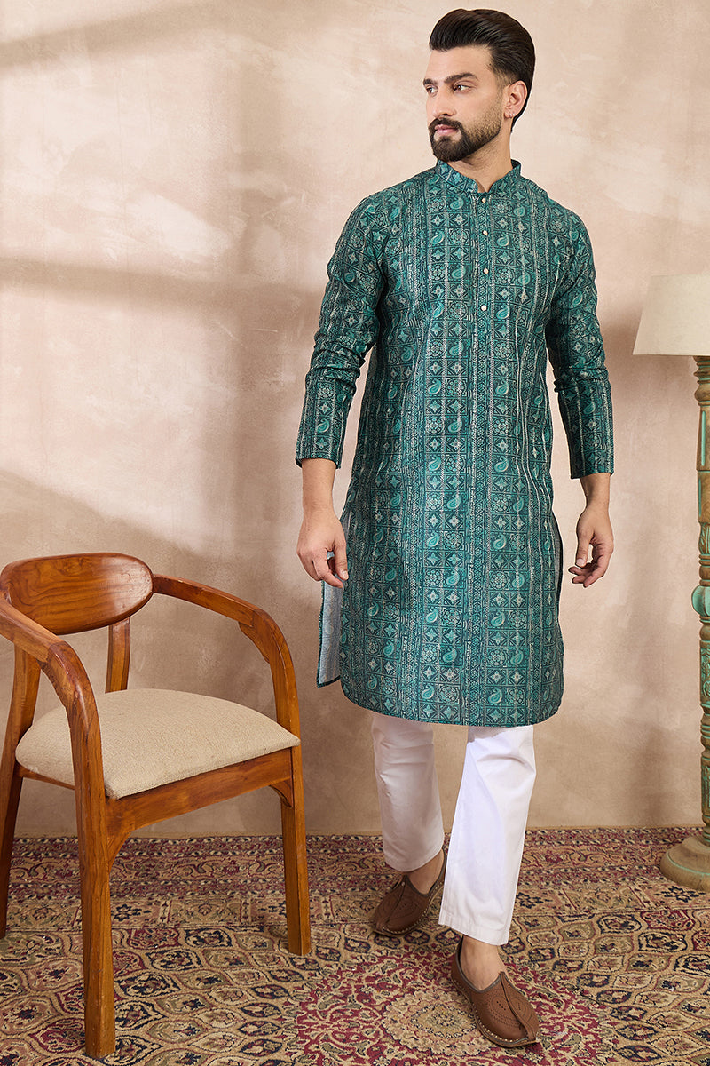 Green Silk Blend Ethnic Motifs Printed Straight Kurta With Trouser MKSET1996