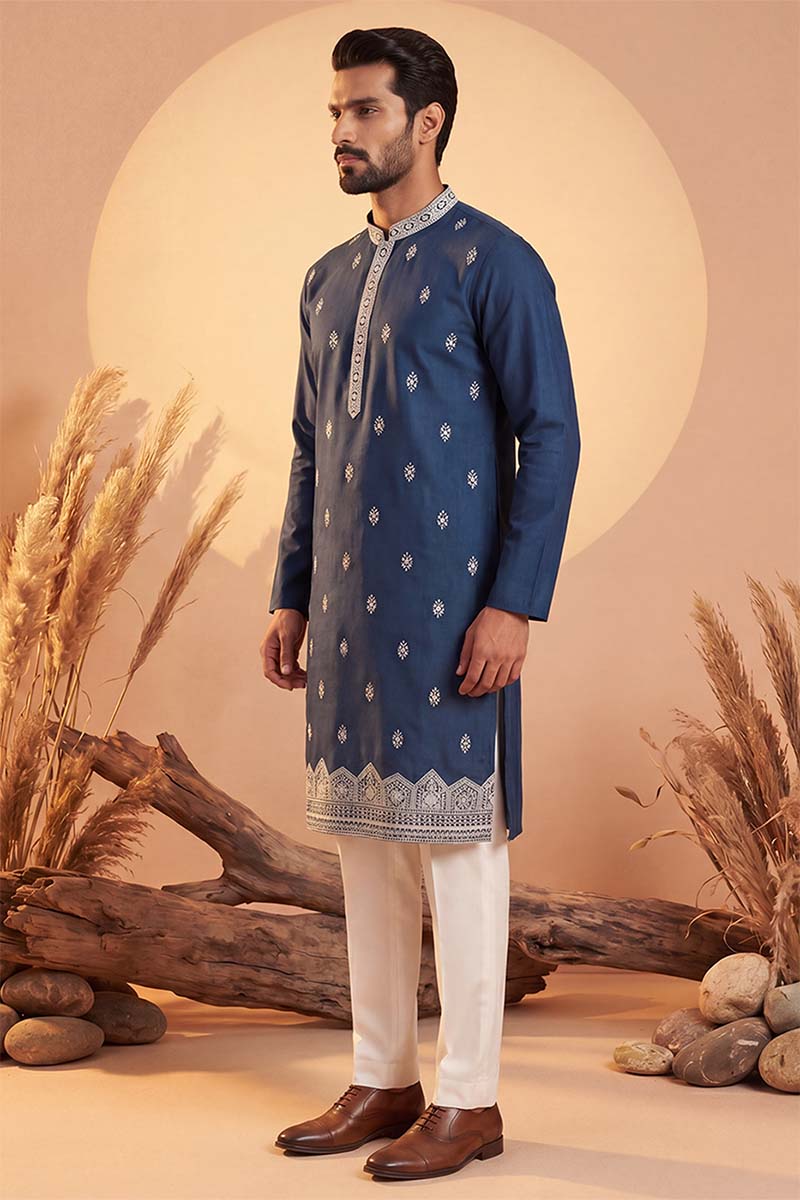 Silk Blend Blue Solid Embroidered Calf Length Straight Kurta MKU2274