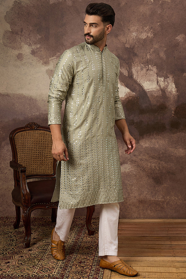 Green Viscose Rayon Solid Embroidered Straight Kurta MKU1356