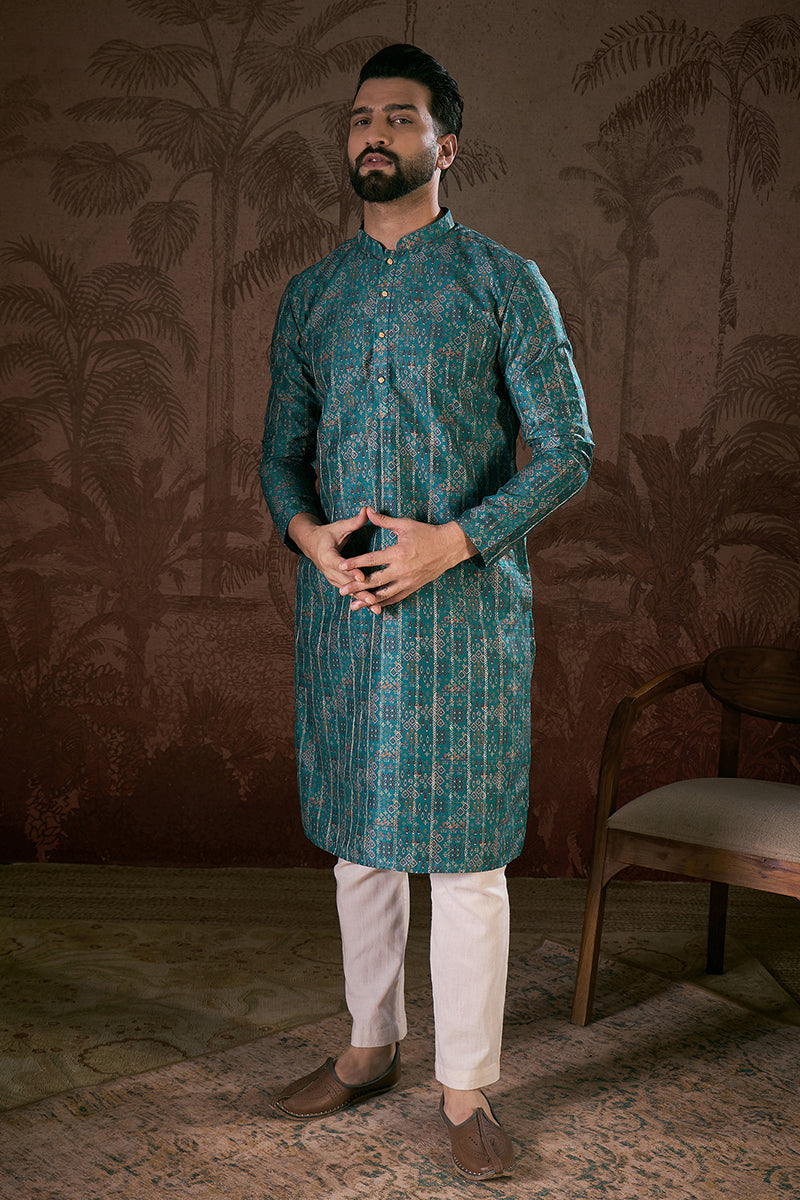 Blue Silk Blend Ethnic Motifs Printed Straight Kurta With Trouser MKSET1906