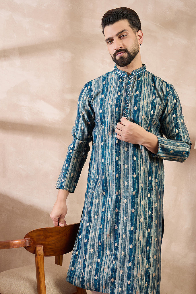 Turquoise Blue Silk Blend Abstract Printed Straight Kurta With Trouser MKSET2005