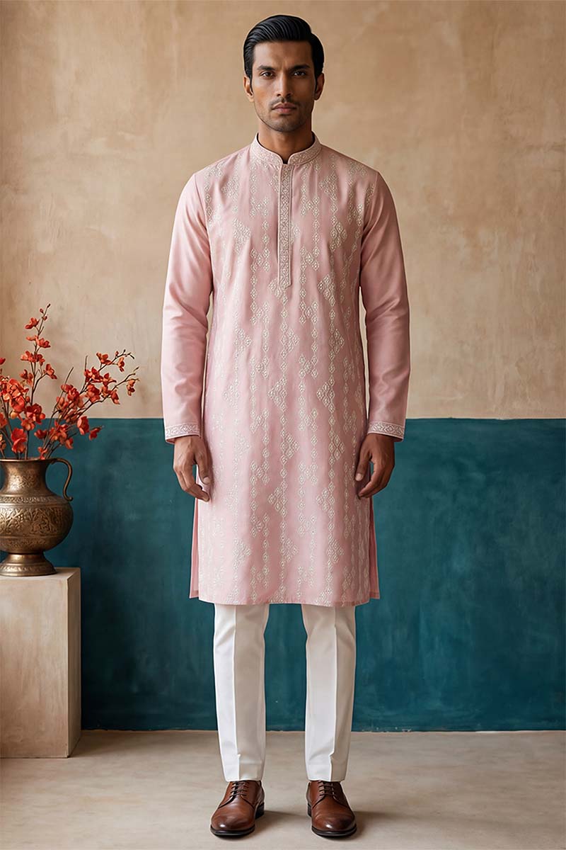 Pink Silk Blend Solid Embroidered Kurta With Trousers MKSET2088