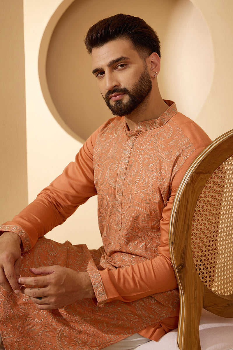 Orange Modal Embroidered Calf Length Straight Regular Kurta MKU2166