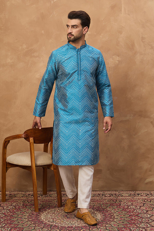 Blue Silk Blend Geometric Printed Straight Kurta MKU1531