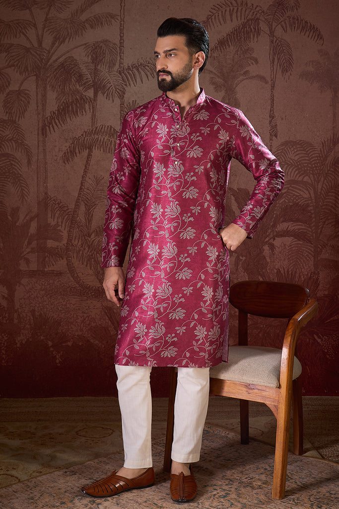Red Silk Blend Floral Printed Straight Kurta MKU1975