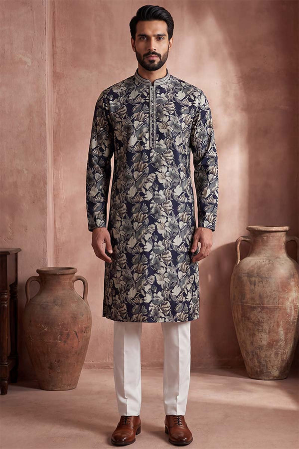 Blue Viscose Rayon Floral Printed Kurta With Trousers MKSET1982