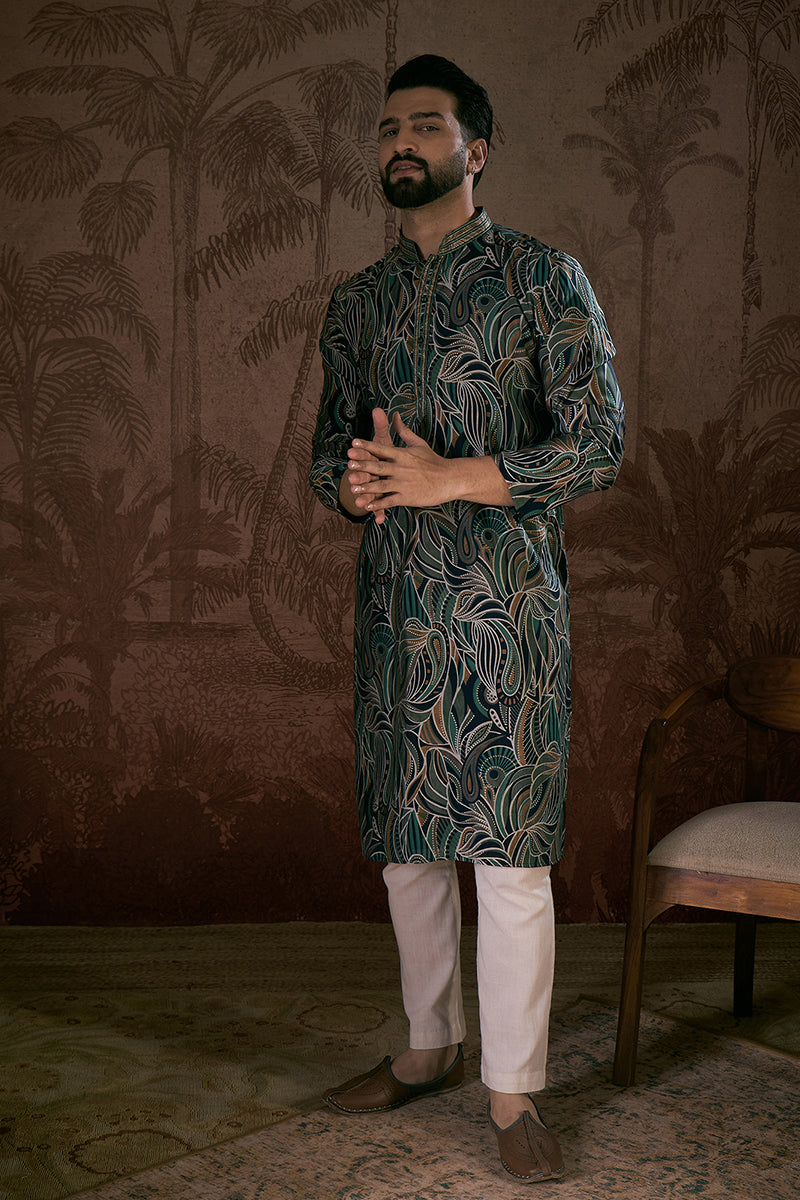 Navy Blue Silk Blend Abstract Printed Straight Kurta With Trouser MKSET1958