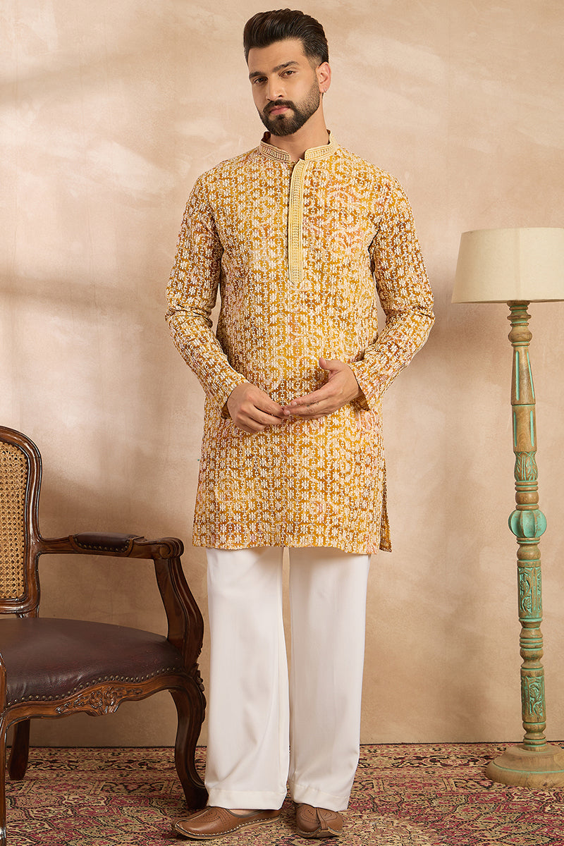 Yellow Viscose Rayon Batik Embroidered Straight Kurta MKU1656