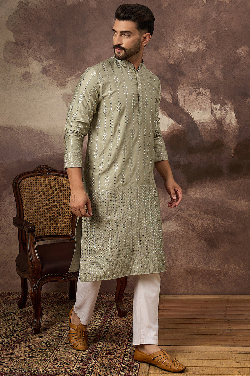 Green Silk Blend Solid Embroidered Straight Kurta With Pant Set MKSET1356