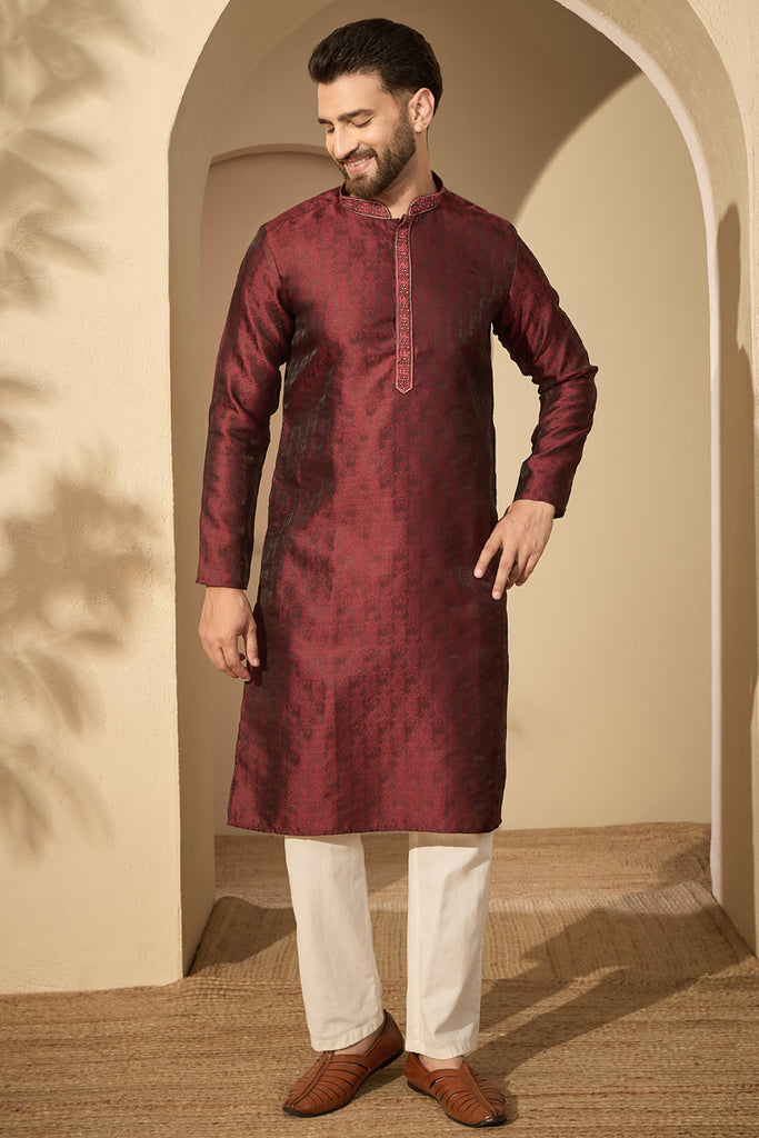 Maroon Jacquard Solid Embroidered Mandarin Collar Kurta With Trouser MKSET2744