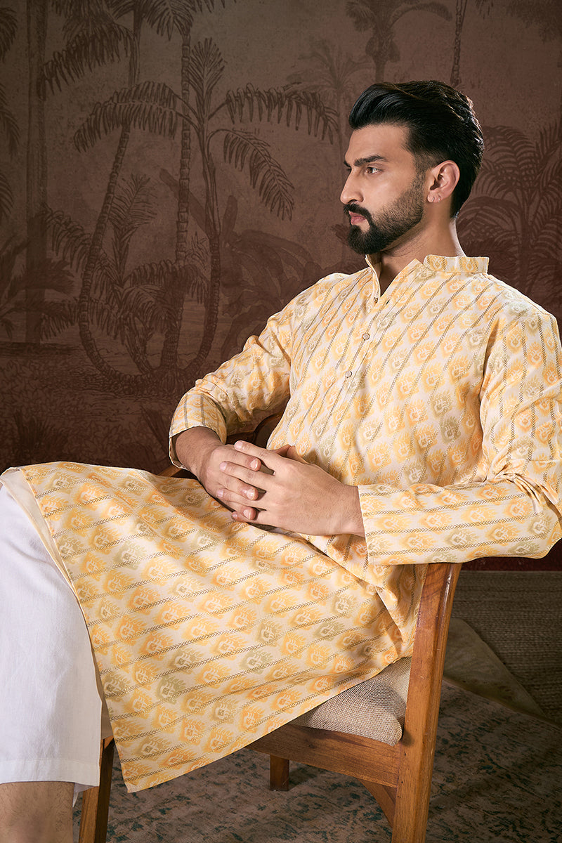 White Silk Blend Ethnic Motifs Printed Straight Kurta With Trouser MKSET1914