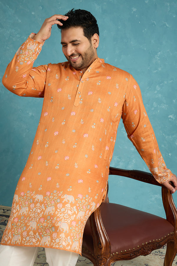 Orange Silk Blend Floral Sequins Printed Kurta MKU2349