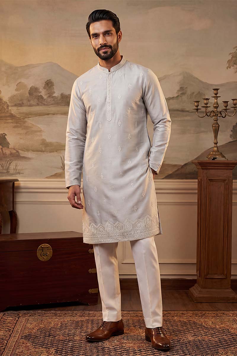 Silk Blend Silver Solid Embroidered Calf Length Straight Kurta MKU2273