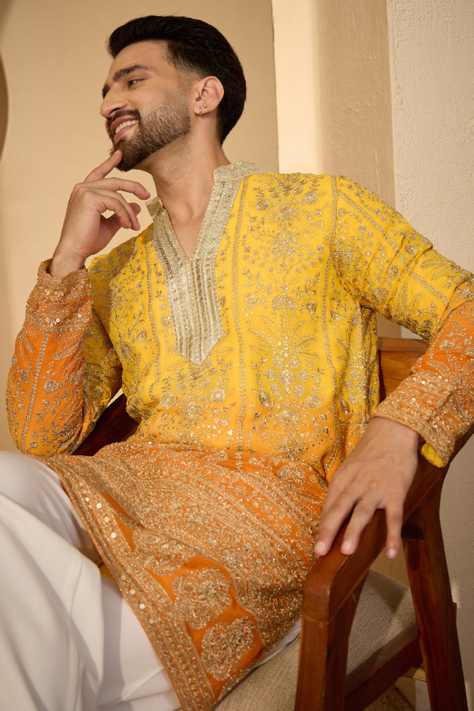 Yellow Georgette Solid Embroidered V-Neck Kurta With Trouser MKSET2585
