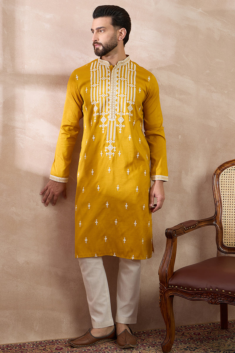 Yellow Silk Blend Embroidered Mandarin Collar Straight Kurta With Trouser MKSET1786