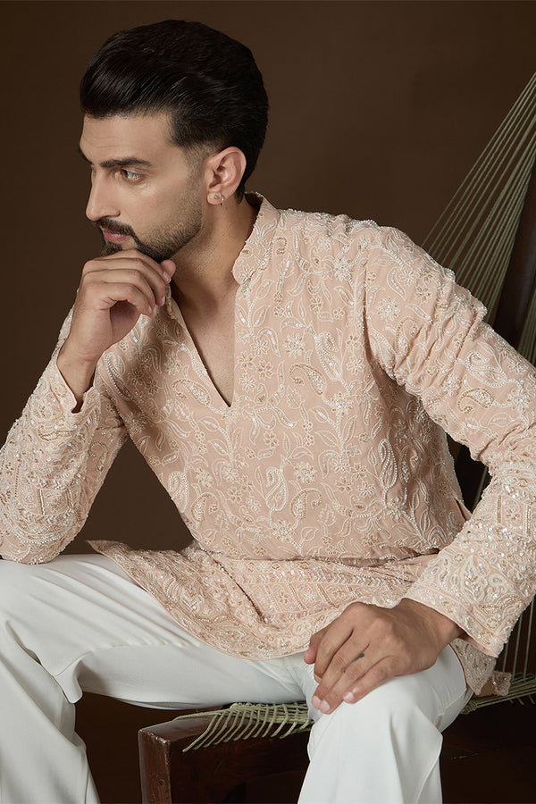 Peach Georgette Solid Embroidered V-Neck Kurta With Trouser MKSET2830