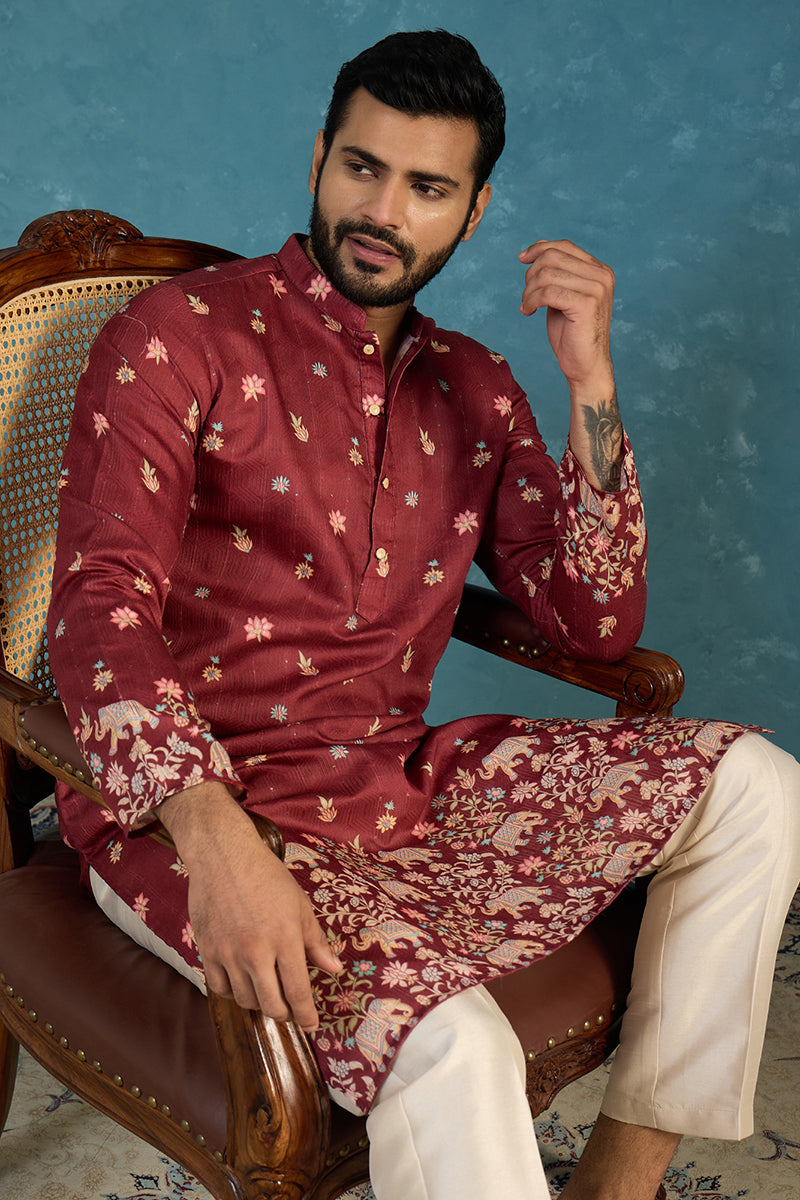 Maroon Silk Blend Woven Design Calf Length Straight Regular Kurta MKU2368