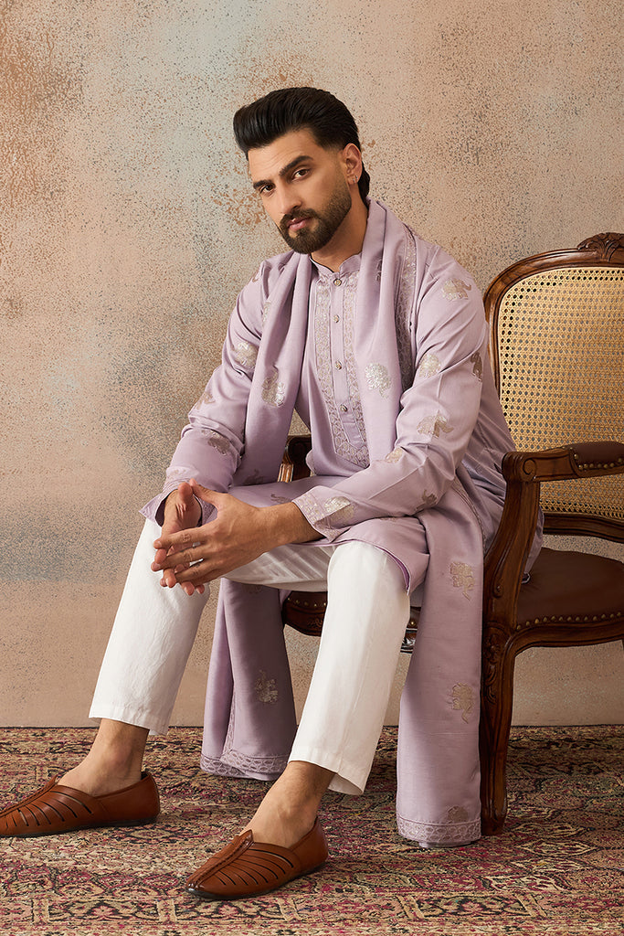 Lavender Silk Blend Solid Embroidered Kurta and Trouser With Dupatta MKPD1050