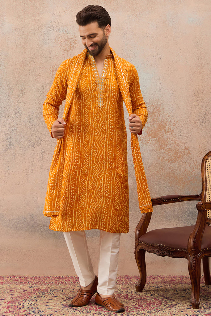 Rust Viscose Rayon Bandhani Printed Kurta&Dupatta With Trouser MKPD1079