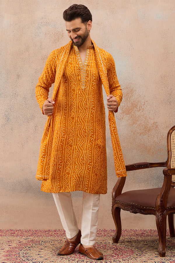 Rust Viscose Rayon Bandhani Printed Kurta&Dupatta With Trouser MKPD1079