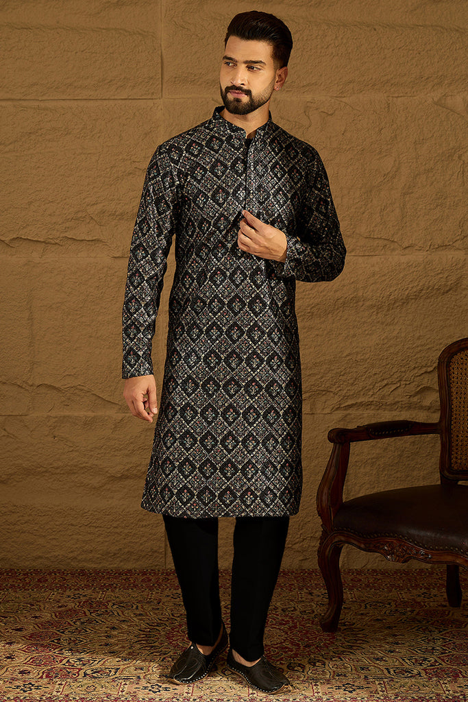 Black Viscose Rayon Geometric Printed Straight Kurta MKU1608