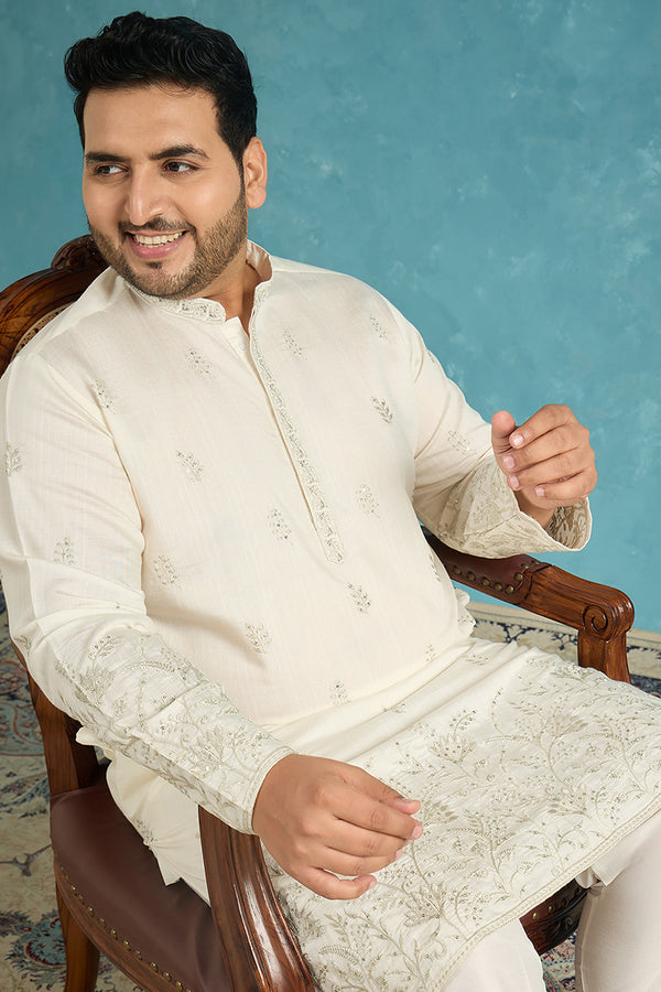 White Silk Blend Floral Thread Work Embroidered Kurta MKU1784