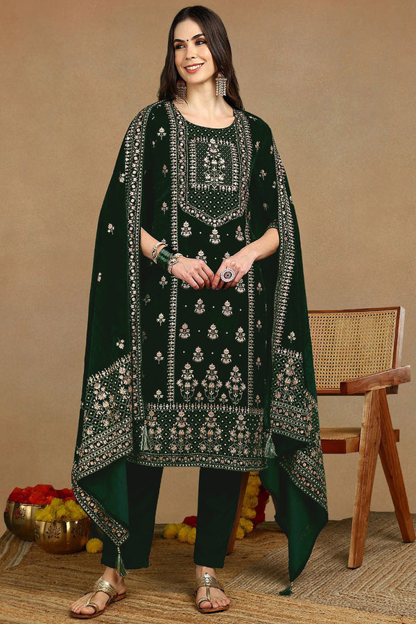 Green Velvet Ethnic Motifs Printed Straight Suit Set PKSKD2772